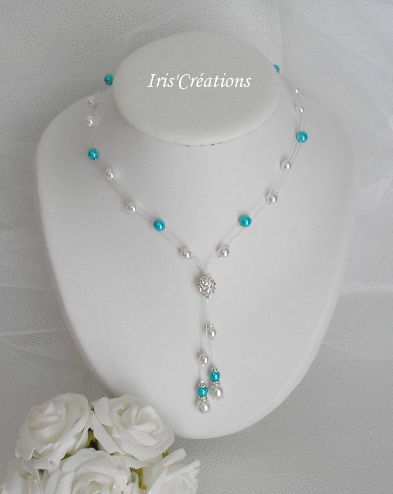 Bora Weiß Und Türkis Perlen Strass Hochzeit Halskette von IriscreationsBijoux