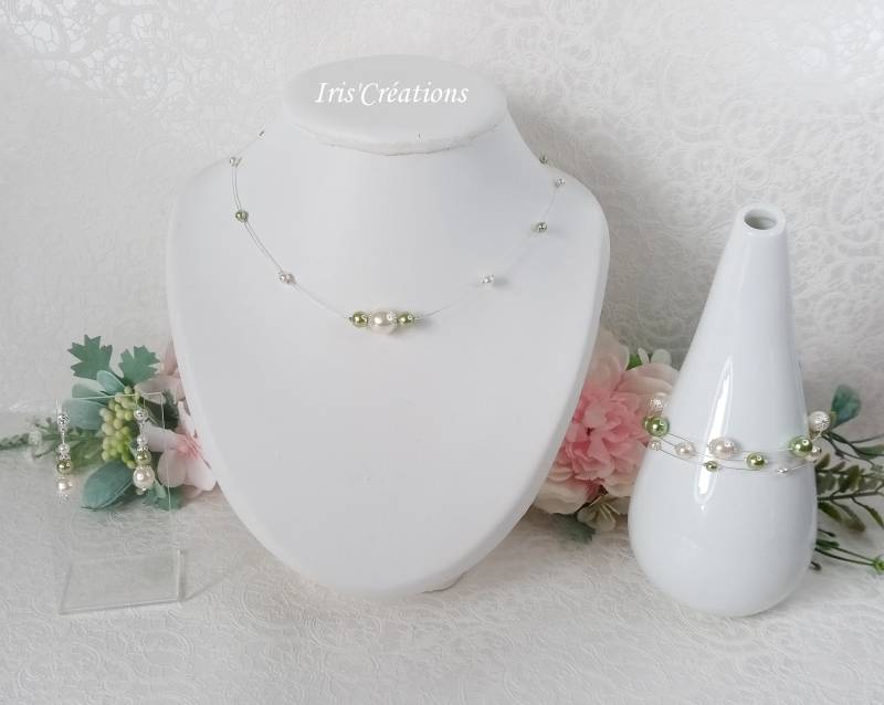 Délia Hochzeitsset Mit Elfenbeinfarbenen Und Lindgrünen Renaissance-Perlen von IriscreationsBijoux