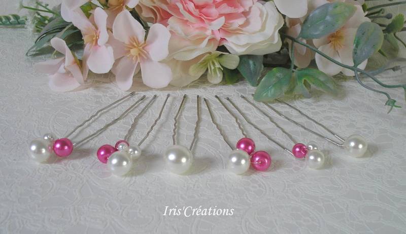 Duttspieß Aus Weißen Und Fuchsiarosafarbenen Renaissance-Perlen in Mehreren Größen, 6Er-Set von IriscreationsBijoux