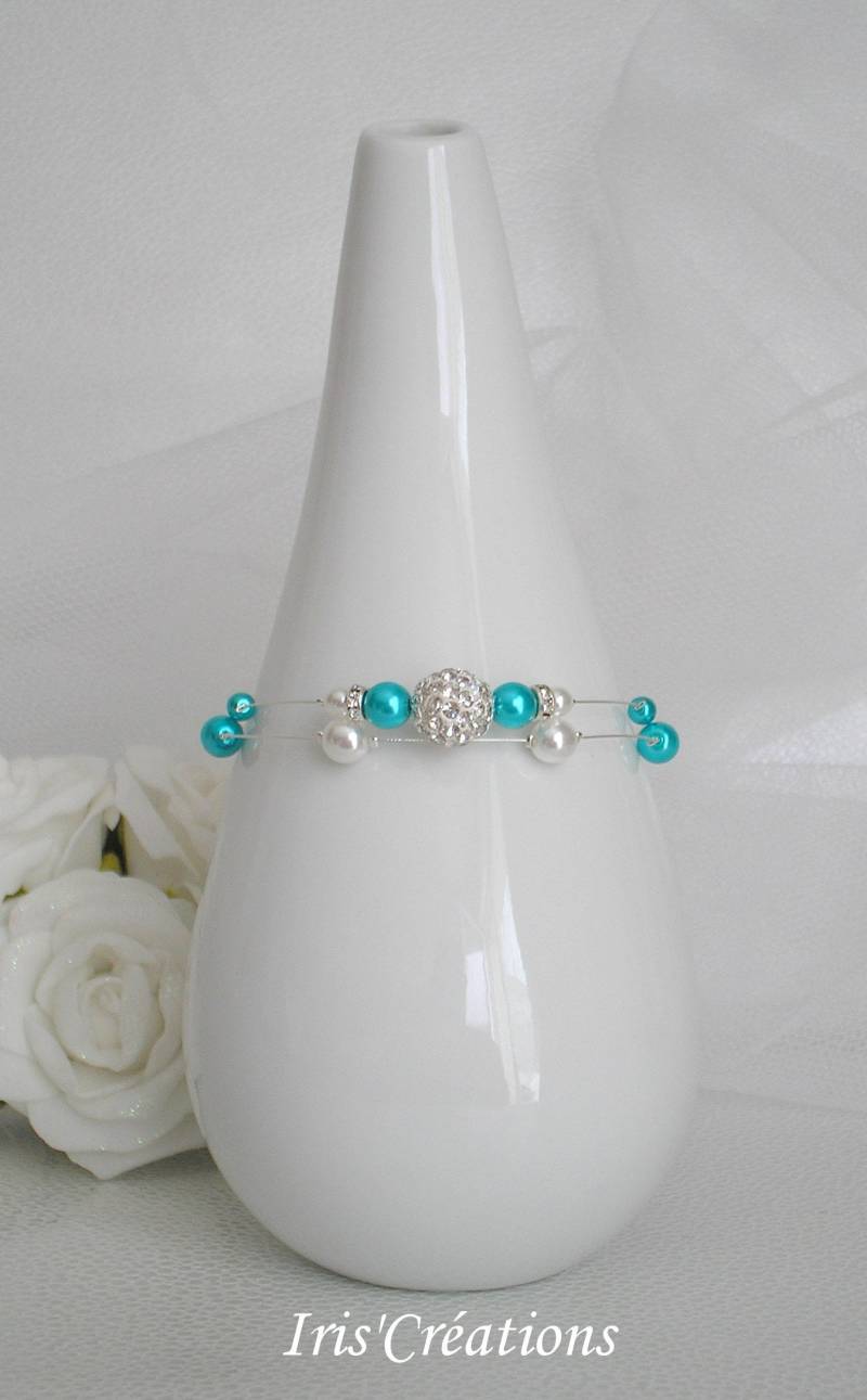 Ehe-Bora Bora-strass Perlen Weiß Und Türkis Armband von IriscreationsBijoux