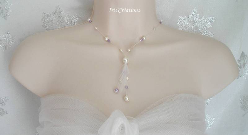 Ehe Elina Halskette Elfenbein Und Lila Perlen Mit Hahn Federn Spinnen von IriscreationsBijoux