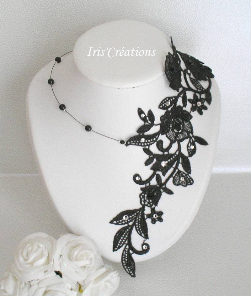 Halskette Amalia Hochzeit Schwarze Spitze Perlen Und Strass von IriscreationsBijoux