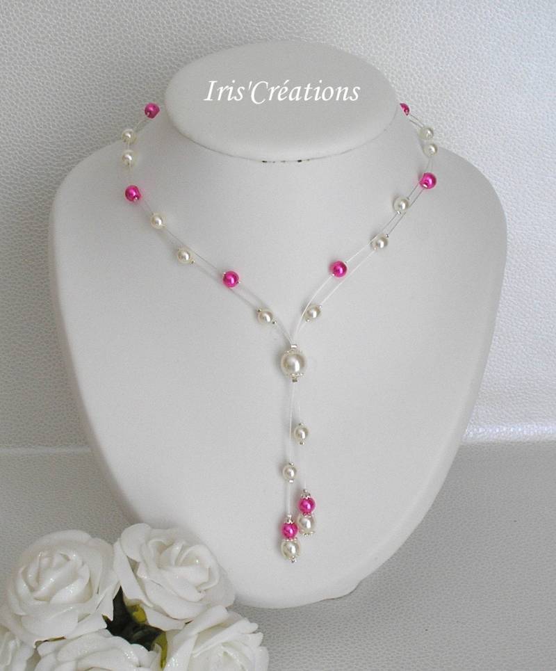 Halskette Bora Hochzeit Elfenbein Perlen Und Fuchsia von IriscreationsBijoux