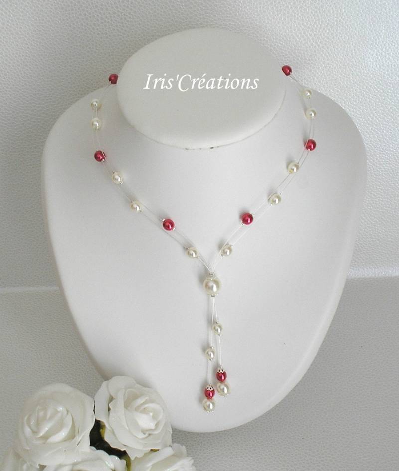 Halskette Bora Hochzeit Elfenbein Und Rote Perlen von IriscreationsBijoux