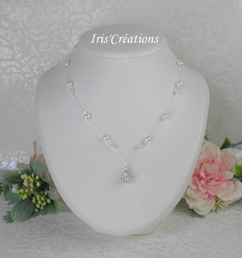 Halskette Hochzeit Anabella Weiße Perlen Aus Swarovski Und Strass von IriscreationsBijoux