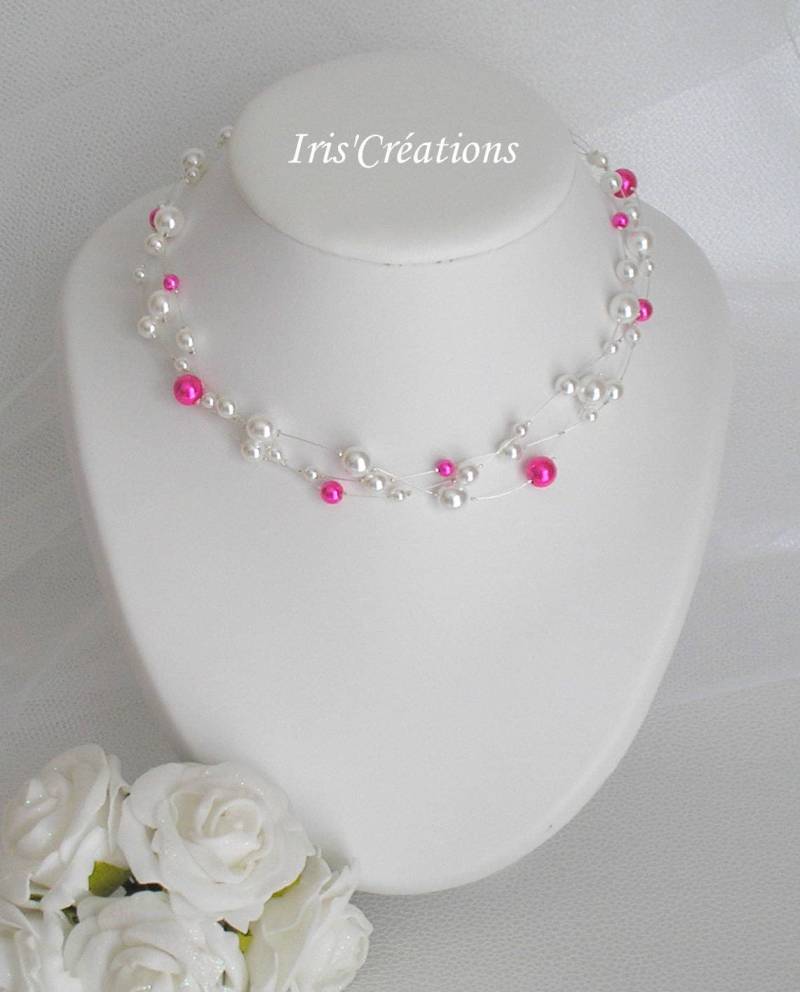 Halskette Hochzeit Mathilda Weiße Perlen Und Fuchsia von IriscreationsBijoux