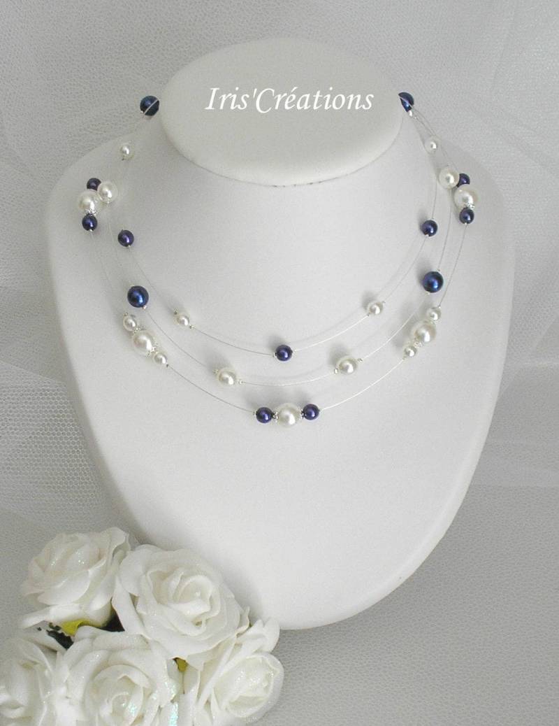 Halskette Hochzeit Nouméa Weiße Und Blaue Perlen Nacht von IriscreationsBijoux