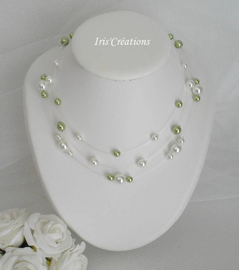 Halskette Hochzeit Nouméa Wiedergeburt Perlen Weiß Und Grün Anis von IriscreationsBijoux