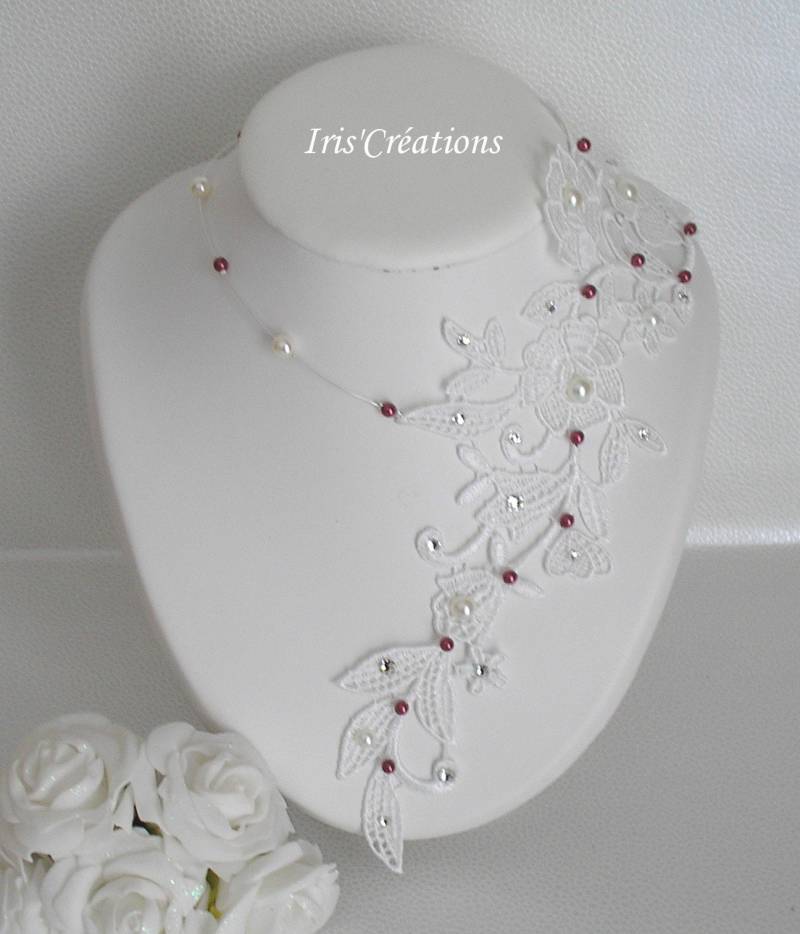 Halskette Hochzeit Sofia Spitze Weiß Gebrochen Elfenbein Klar Perlen Und Swarovski Strass von IriscreationsBijoux