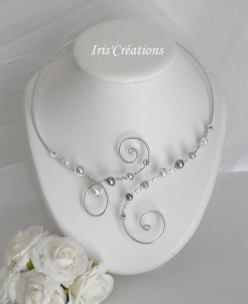 Halskette Wedding Nina Weiß Grau Dunkelgrau Und Swarovski Strass von IriscreationsBijoux