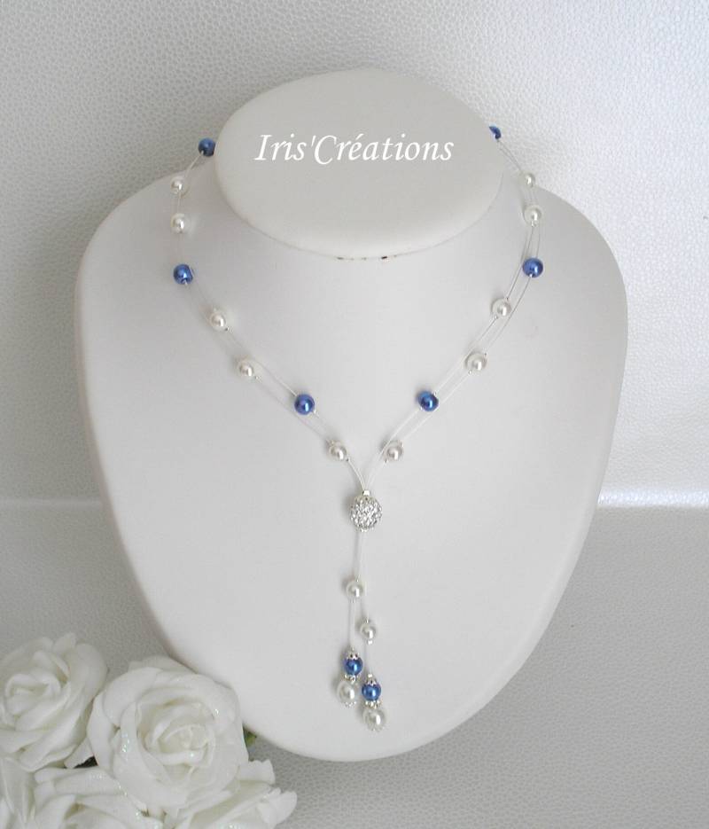 Hochzeit Halskette Bora Strass Weiße Perlen Und Blauer König von IriscreationsBijoux