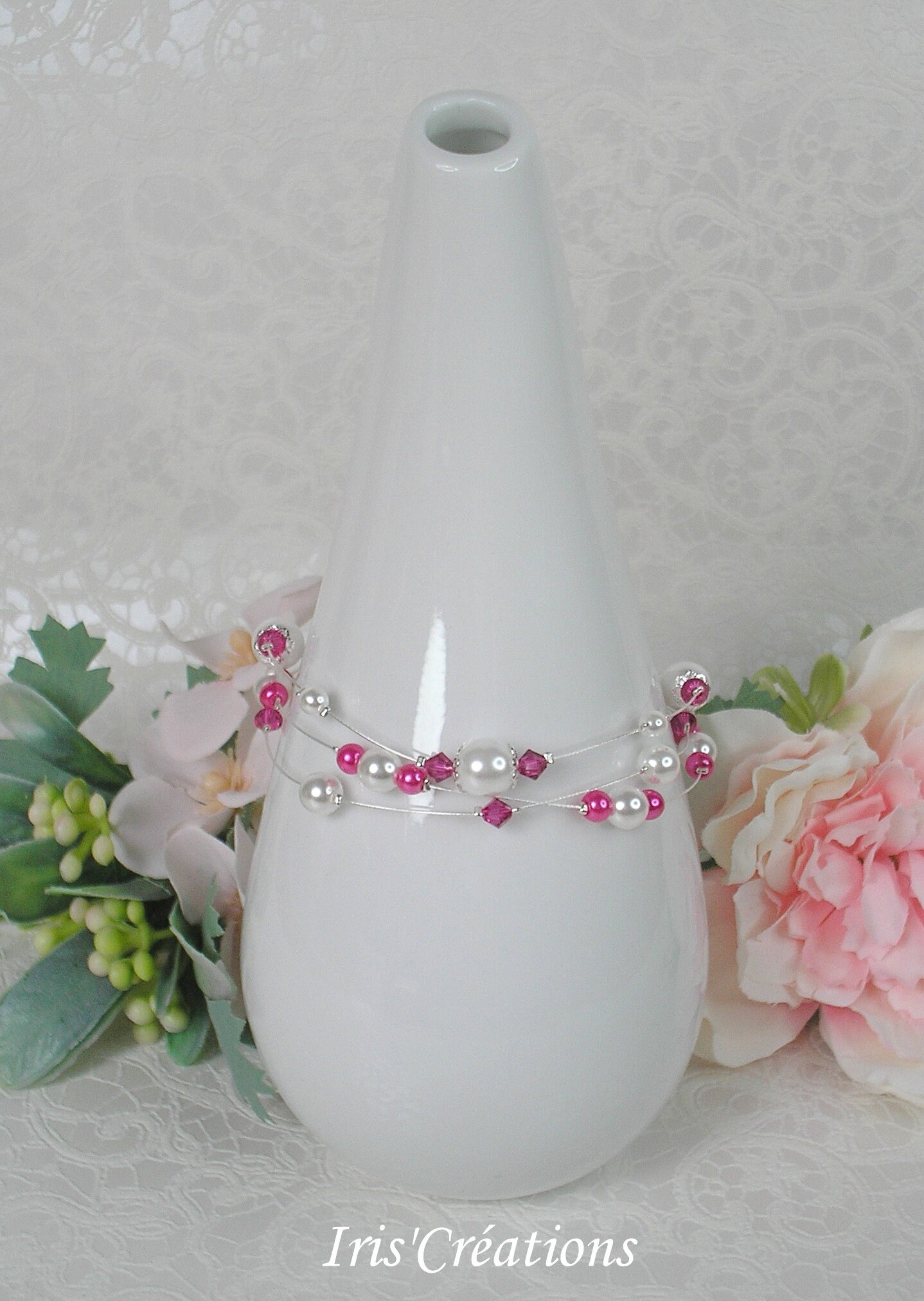 Hochzeitsarmband Elisa Aus Weißen Und Fuchsiafarbenen Perlen Swarovski-Kristall von IriscreationsBijoux