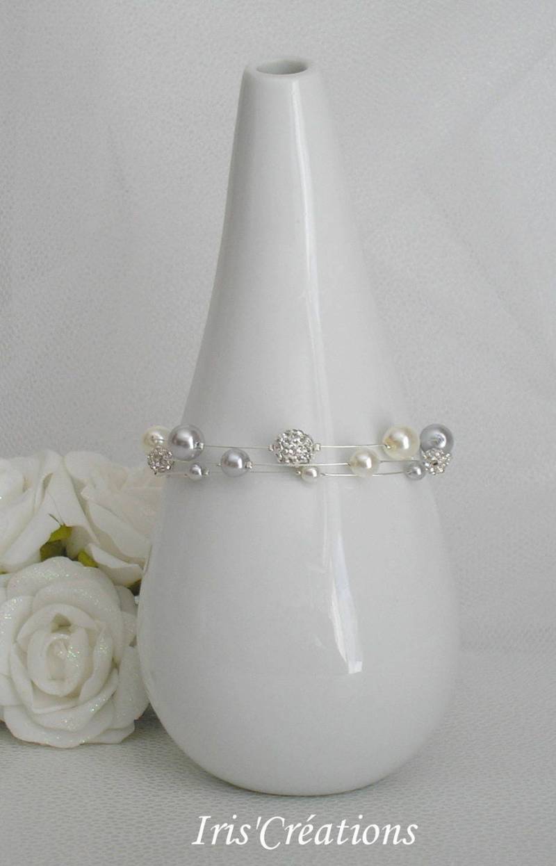 Hochzeitsarmband Nouméa Strass Elfenbein Und Mittelgrau von IriscreationsBijoux