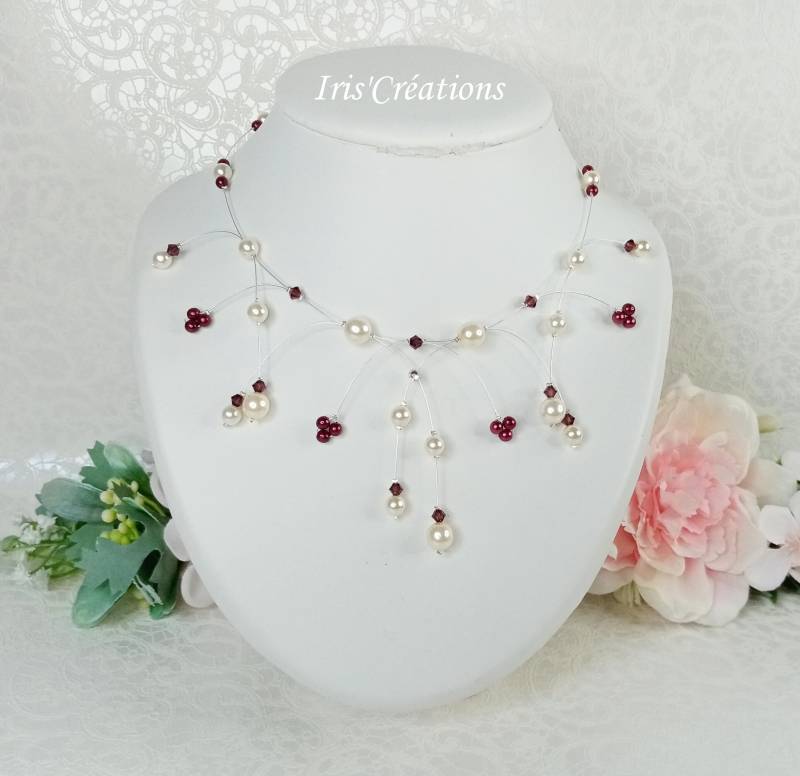 Hochzeitshalskette Elisa, Burgunderrote Elfenbeinperlen Und Swarovski-Kristall von IriscreationsBijoux