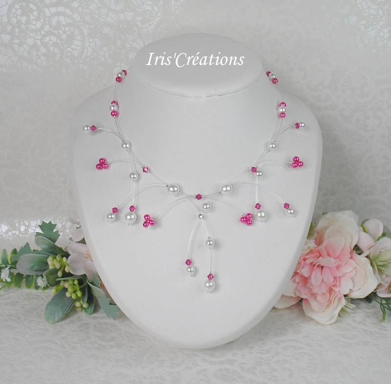 Hochzeitskette Elisa Weiße Perlen Und Fuchsia Swarovski Kristall von IriscreationsBijoux