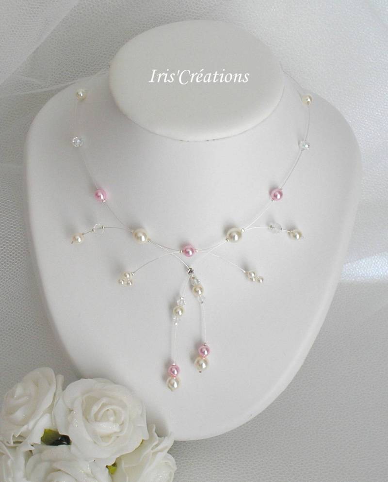 Hochzeitskette Eva Perlen Elfenbein Puderrosa Und Kristall von IriscreationsBijoux