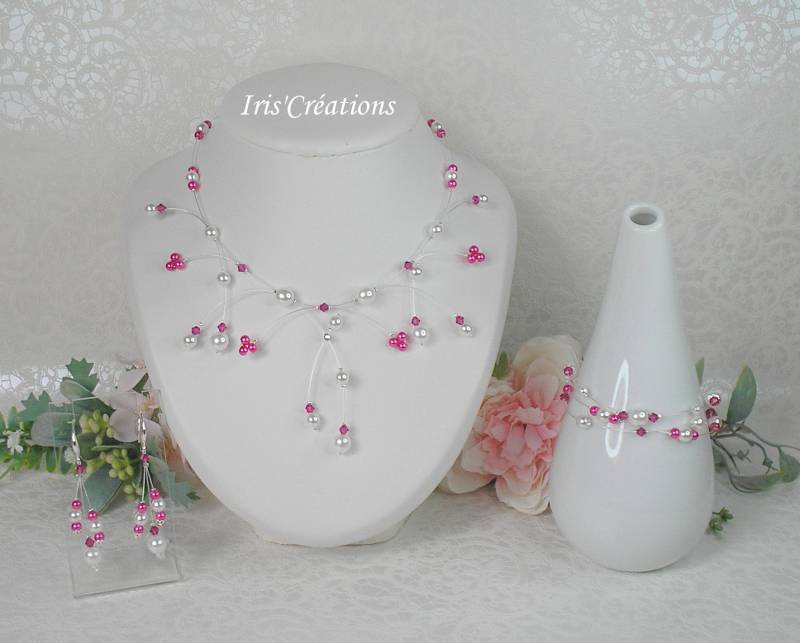 Hochzeitsschmuck Elisa Weiße Perlen Und Fuchsia Kristall Von Swarovski von IriscreationsBijoux