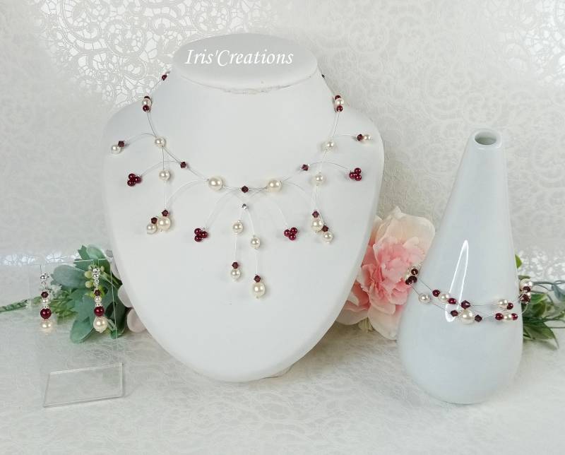 Hochzeitsset Elisa, Burgunderrote Elfenbeinperlen Und Swarovski-Kristall, 3-Teilig von IriscreationsBijoux