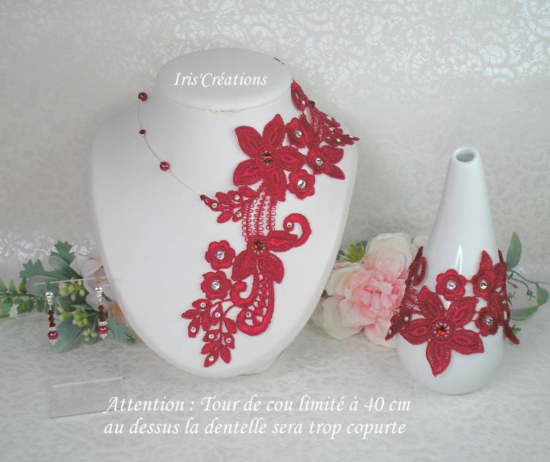 Hochzeitsset Ornella Tiefrote Venedig-Guipure-Spitzenperlen Und Swarovski-strasssteine 3-Teilig von IriscreationsBijoux
