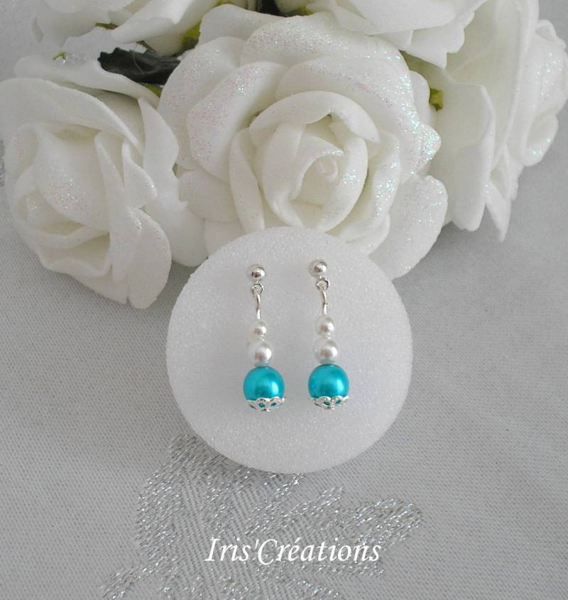 Kinderohrringe Sissi Weiße Perlen Und Türkis von IriscreationsBijoux