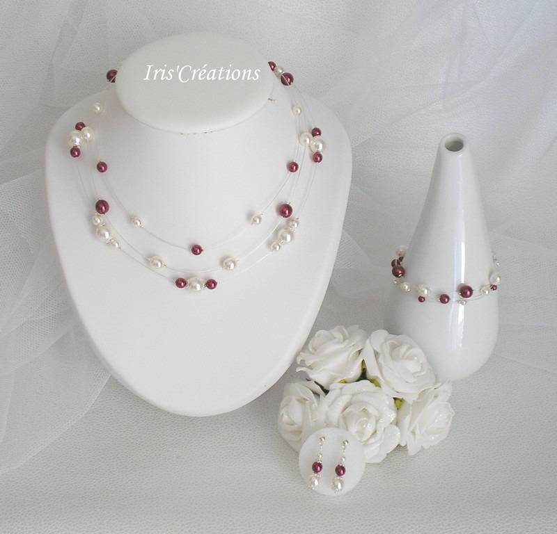 Nouméa-Hochzeitsset Mit Elfenbeinfarbenen Und Burgunderroten Perlen von IriscreationsBijoux