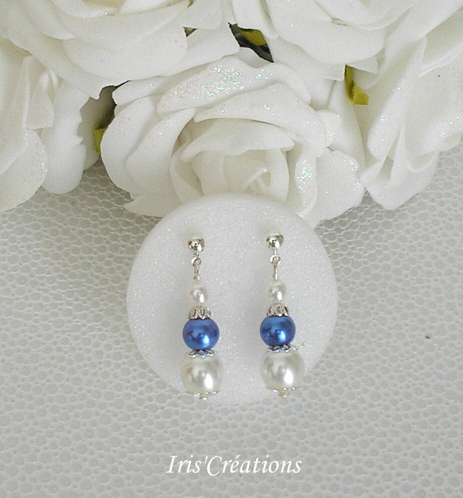 Nouméa Ohrringe Weiße Und Blaue Perlen Nacht von IriscreationsBijoux