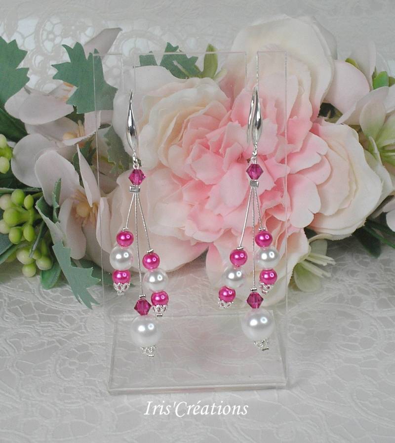 Ohrringe Elisa Weiße Perlen Und Fuchsia Swarovski Kristall von IriscreationsBijoux