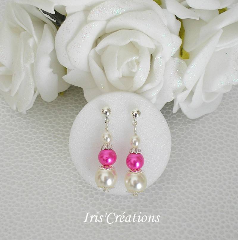 Ohrringe Gina Renaissance Elfenbein Und Fuchsia Perlen von IriscreationsBijoux