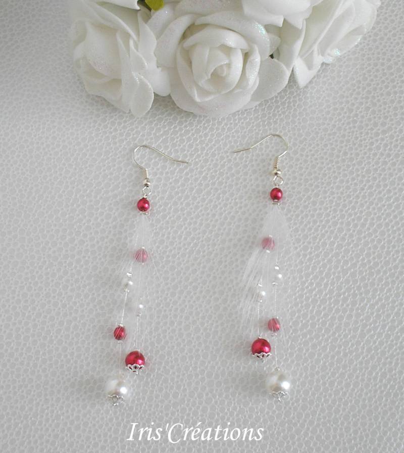 Ohrringe Hochzeit Elina Weiß Und Rot Perlen Mit Spinnen Hahn Federn von IriscreationsBijoux