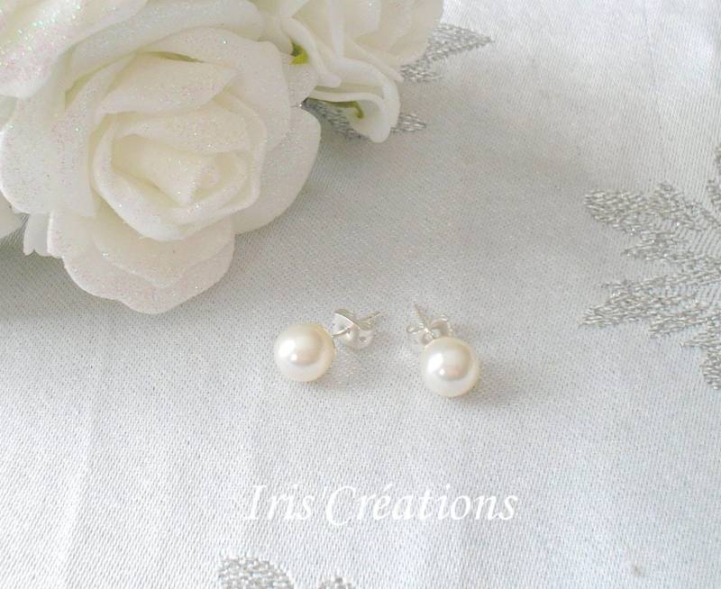 Ref Fitness Perlen Swarovski 8 Mm Weiß Auf Silbernen Nagel Ohrringe von IriscreationsBijoux