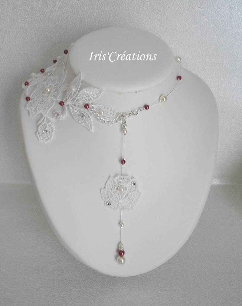 Rückenjuwel Sofia Blumenspitze Cremefarbenes Helles Elfenbein Burgunder Und Swarovski Strasssteine von IriscreationsBijoux