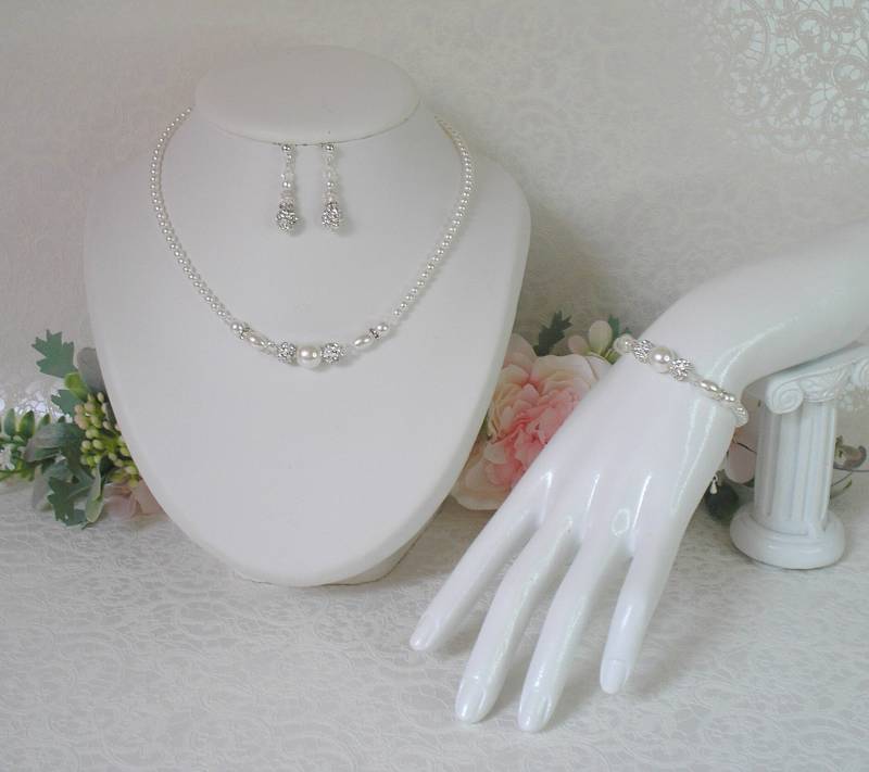 Schmuck Cécilia Hochzeit 3 Stück Weiße Perlen, Strass-Perlen Und Swarovski Kristallperlen von IriscreationsBijoux