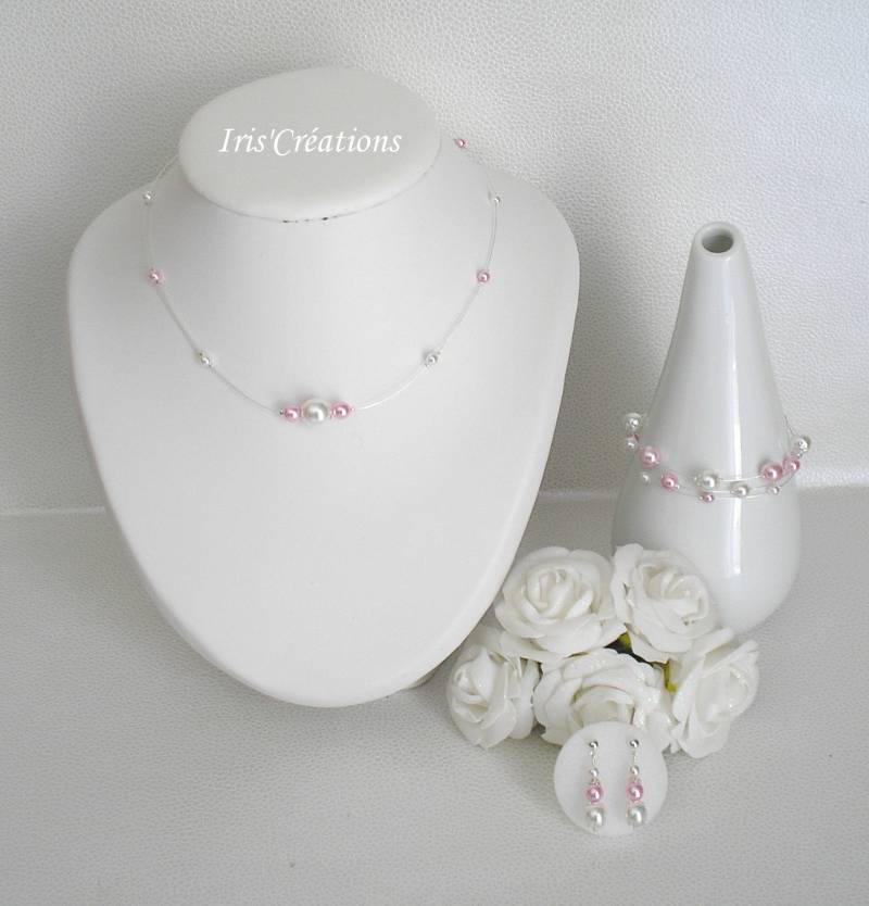 Schmuck Hochzeit Delia Weiße Perlen Und Rose Gepudert 3 Stück von IriscreationsBijoux