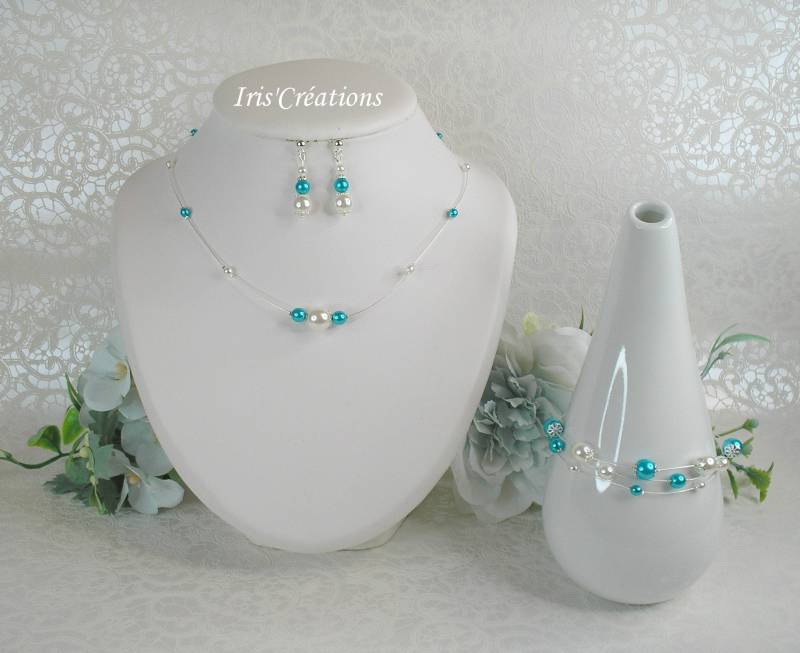 Schmuck Hochzeit Delia Weiße Perlen Und Türkis 3 Stück von IriscreationsBijoux