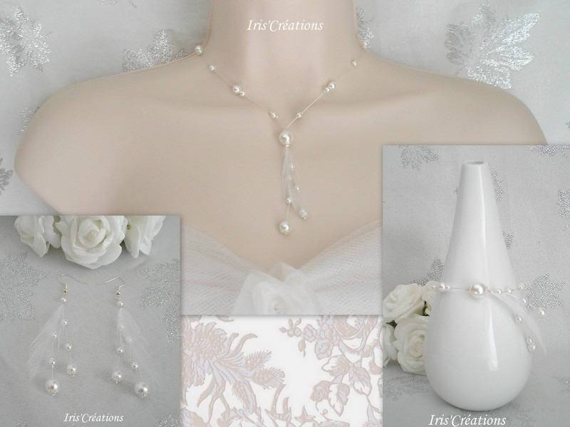 Schmuck Hochzeit Elina 3 Stück Weiße Perlen Und Hahn Federn Spinnen von IriscreationsBijoux