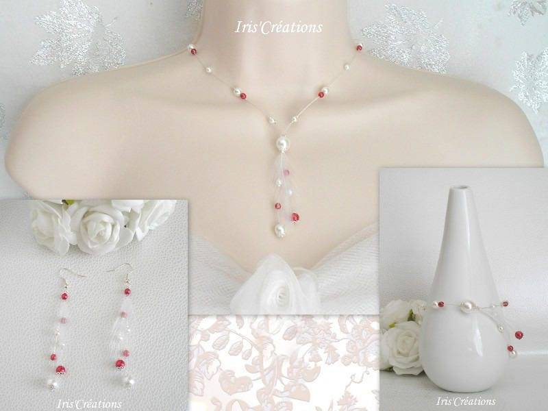 Schmuck Hochzeit Elina 3 Teile Weiße Und Rote Perlen Mit Faserig Hahn Federn von IriscreationsBijoux