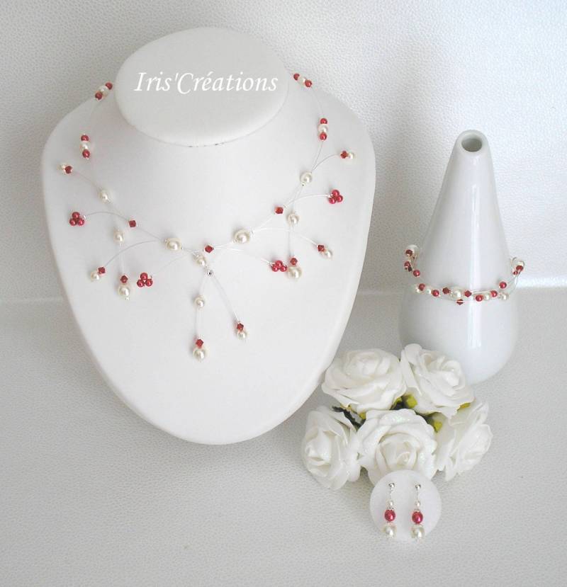 Schmuck Hochzeit Elisa Elfenbein Und Rote Kristall Swarovski von IriscreationsBijoux