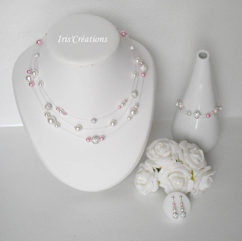 Schmuck Hochzeit Nouméa Strass Weiß Und Rosa Pulver 3 Teile von IriscreationsBijoux