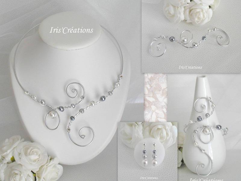Schmuck Hochzeit Ref Nina 4 Teile Weiße Mittlere Grau Dunkelgrau Und Swarovski Strass von IriscreationsBijoux
