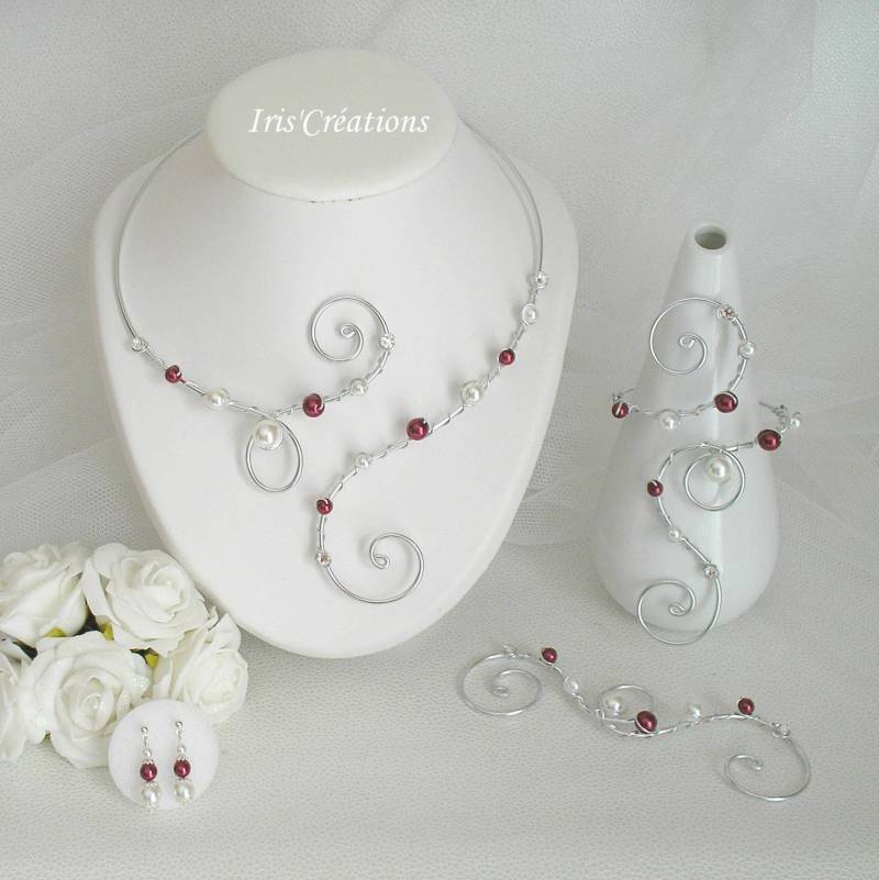 Schmuck Hochzeit Ref Nina Weiße Bordeaux Und Swarovski Strass 4 Teile von IriscreationsBijoux