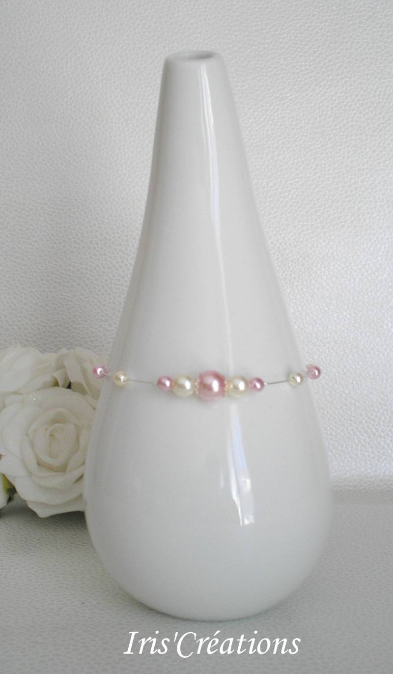 Sissi-Hochzeitsarmband Für Kinder Mit Elfenbeinfarbenen Und Puderrosa Perlen von IriscreationsBijoux