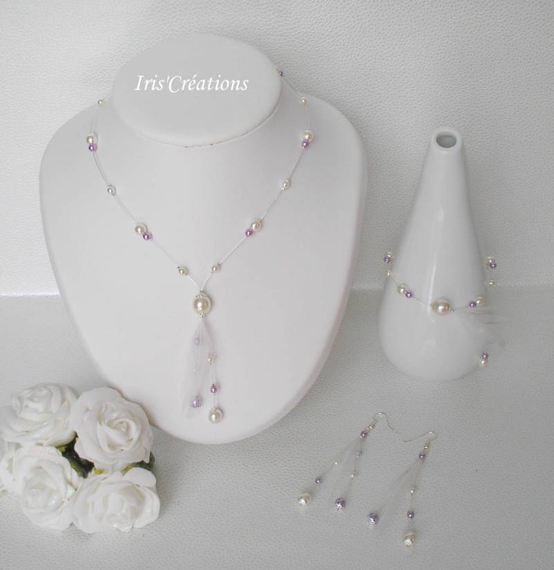 Zusatzelement Ehe Elina 3 Stück Elfenbein Und Lila Perlen Mit Faserig Hahn Federn von IriscreationsBijoux