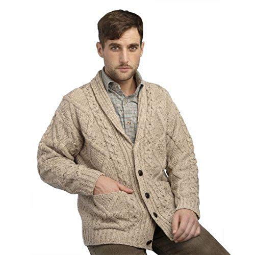 Irish Aran Knitwear Herren Strickjacke, 100 % irische Merinowolle, Schalkragen, Pullover mit Taschen, hergestellt in Irland, hellbeige, XX-Large von Irish Aran Knitwear