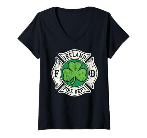 Damen Irish Fire Fighter Shamrock Irland Department Malteserkreuz T-Shirt mit V-Ausschnitt Damen Irish Fire Fighter Shamrock Irland Department Malteserkreuz T-Shirt mit V-Ausschnitt von Irish Firefighter Heritage Apparel