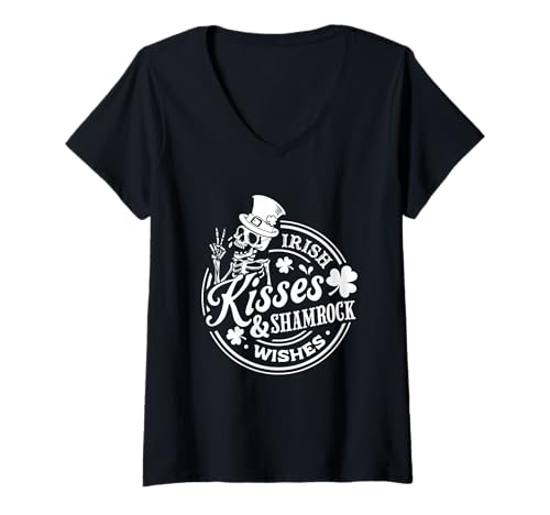 Damen Irish Kisses & Shamrock Wishes Skelett T-Shirt mit V-Ausschnitt von Irish Heritage Festive Skeleton Luck