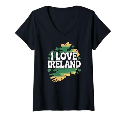 Damen I Love Ireland Kleeblatt Design T-Shirt mit V-Ausschnitt Damen I Love Ireland Kleeblatt Design T-Shirt mit V-Ausschnitt von Irish Heritage Pride Green Clover