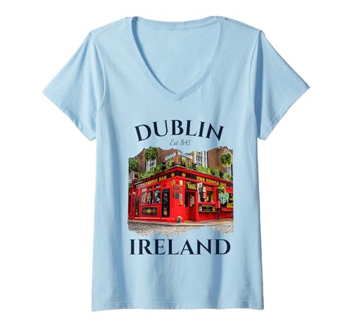 Damen Dublin Irland Souvenir Irish Pub Temple Bar Style Celtic T-Shirt mit V-Ausschnitt Damen Dublin Irland Souvenir Irish Pub Temple Bar Style Celtic T-Shirt mit V-Ausschnitt von Irish Heritage Travel Memorabilia St Patricks Day