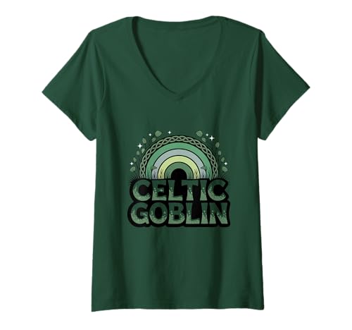 Damen Keltisches Goblin-T-Shirt, Irische Mythologie, Lustiges St. Patrick's Day T-Shirt mit V-Ausschnitt von Irish Mythology Funny St Patricks Day Vibes