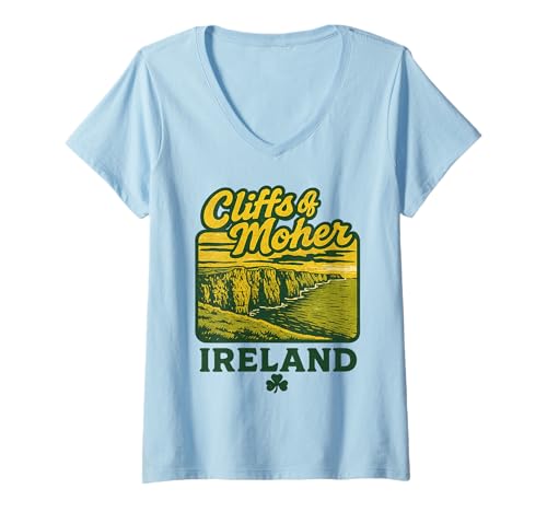 Damen Cliffs of Moher Irland Retro Urlaub Wahrzeichen Souvenir T-Shirt mit V-Ausschnitt Damen Cliffs of Moher Irland Retro Urlaub Wahrzeichen Souvenir T-Shirt mit V-Ausschnitt von Irish Shamrock Cliffs of Moher Vintage Art