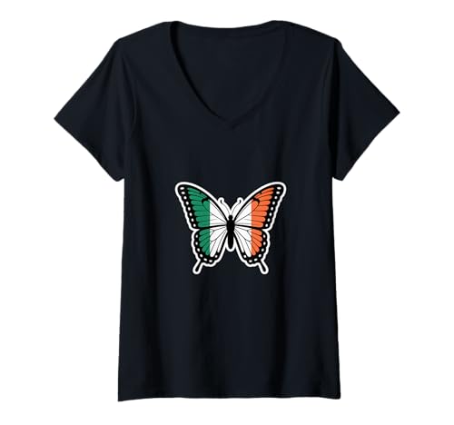 Damen I Love Ireland Schild Irischer Schmetterling geformt aus Irland Flagge T-Shirt mit V-Ausschnitt von Irish T Love Ireland Irish Butterfly Ireland Shirt